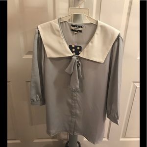 Gray Blouse with White Peter Pan Collar and Tie